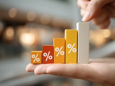 Hand holding graph with percentage adjusting interest rates, raising interest rates to fight inflation
