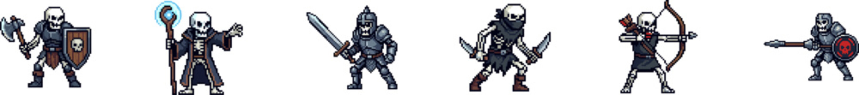 Collection of skeleton warrior vector characters with fantasy weapons.