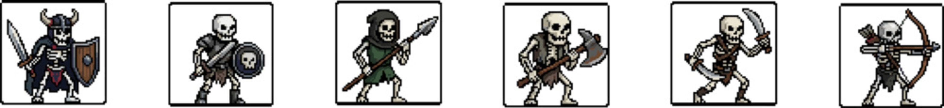 Collection of skeleton warrior vector character sprites for fantasy games.