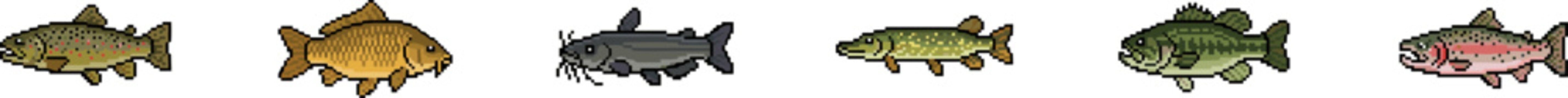 Vector set of various freshwater fish icons for fishing.