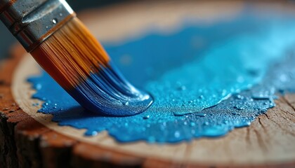 Fototapeta premium Close view of brush applying blue paint on wood slice. Artist creates artwork with vibrant color and wood grain detail. Craftsmanship and creative process shown.