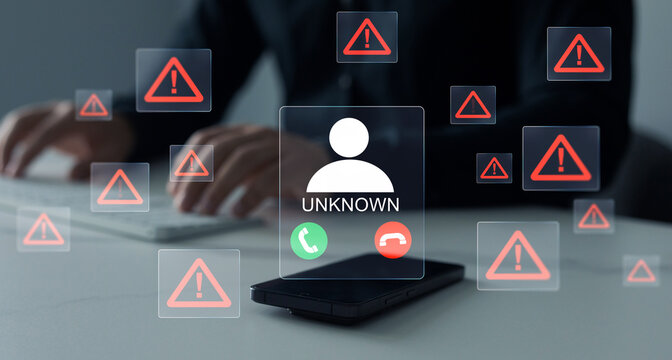 Unknown number tries to trick victim into sharing money or personal information. Cyber security alert, spam call warning.Phone scam concept showing fraud call risk, fake caller and data theft danger.