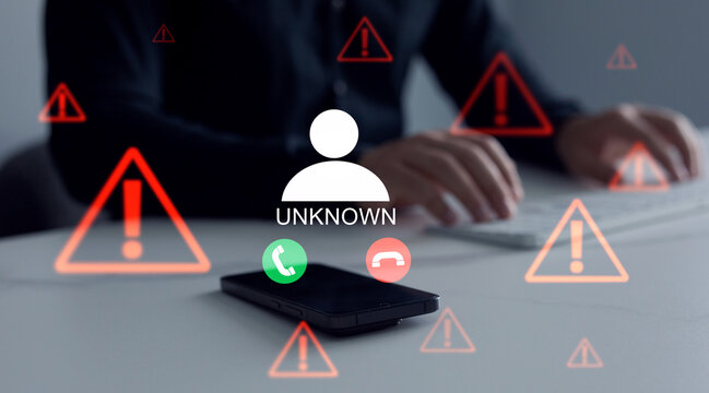 Scam call alert concept showing a suspicious incoming call on smartphone. Unknown number, fraud risk and warning message highlight phishing, identity theft and the need for caution and digital securit