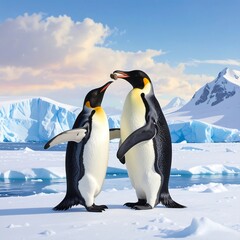 Fototapeta premium Two penguins standing on snowy ground with icebergs
