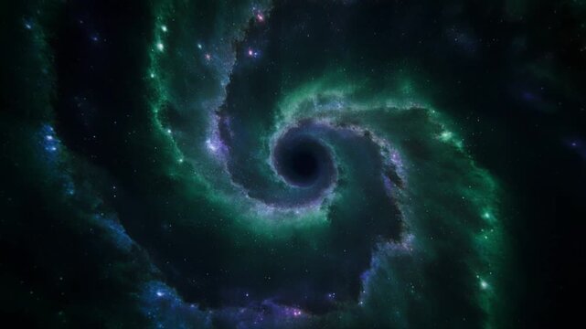 銀河渦巻き俯瞰タイムラプス・エメラルドと藍色の星雲の一生を見下ろす神視点映像
