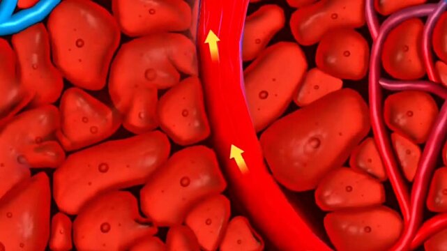 3D animation showing human blood circulatory system with heart, vessels, and circulation pathways.