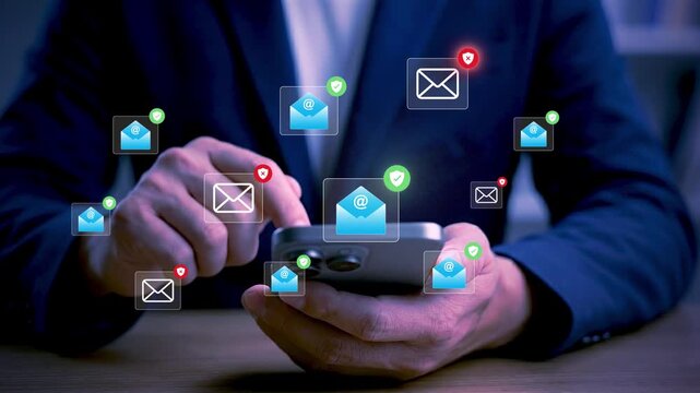 Businessman using smartphone with electronic email hacking and spam warning symbol. cyber attack network, virus, spyware, Cyber security and cybercrime