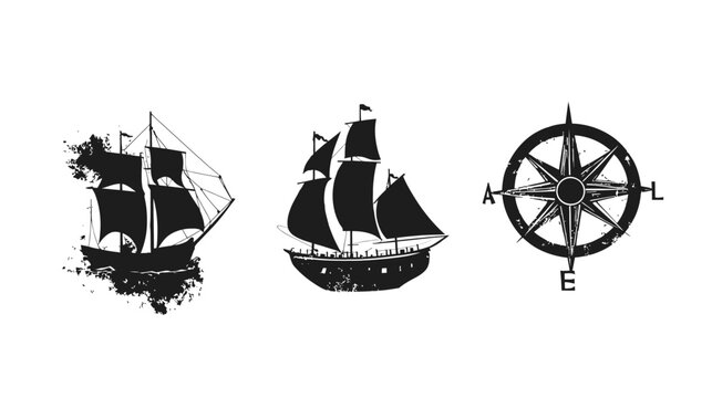 A nautical-themed composition featuring silhouettes of ships and a compass rose