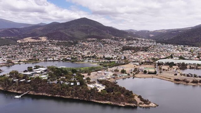 Aerial back from MONA site on Derwent river in Hobart city of Tasmania &ndash; scenic view.