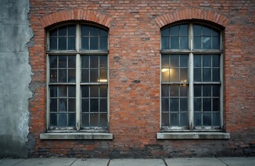Obraz premium Two tall arched industrial windows with metal frames on a weathered brick wall. Grey concrete plaster is chipped revealing aged red bricks below. Light shines through panes.