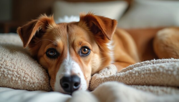 Brown dog rests head on soft pillow, lying on cozy bed indoors. Close-up portrait shows calm, sleepy animal face, furry pet. Comfortable home scene, domestic mammal relaxation.