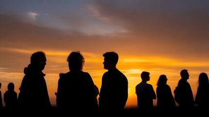 Fototapeta premium A diverse group of people stands in silhouette against a vibrant glowing sunset sky at dusk
