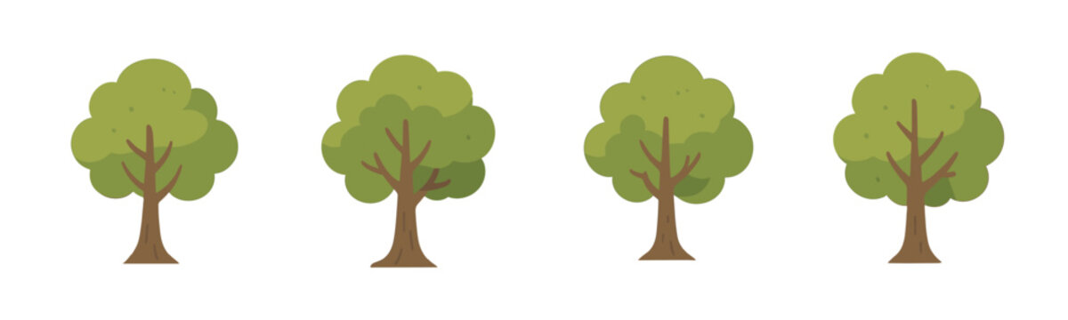 Oak tree icons collection in cartoon style. Set of oak tree forrest illustrations in different shape isolated