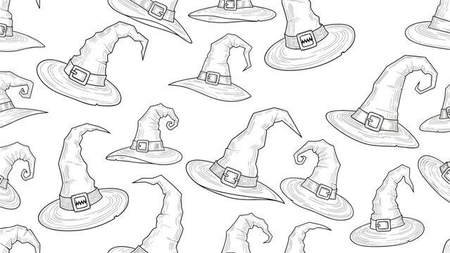 Seamless pattern of hand drawn witch hats in various tilted positions for a classic monochrome halloween background or wrapping paper.