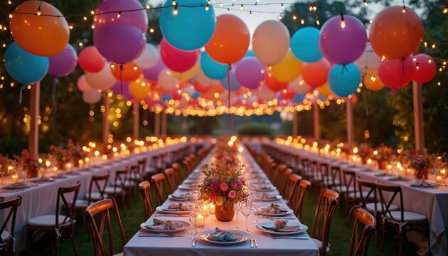 Long tables set for outdoor dinner party with colorful balloons overhead. Twinkling string lights and candles create a festive evening ambience. Floral centerpieces adorn the prepared dining setting.