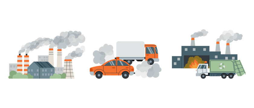 Set of air pollution sources including factories, cars and waste processing. Flat illustration showing main contributors to environmental pollution and climate change.