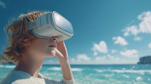Young woman experiencing virtual reality on a tropical beach
