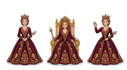 Fototapeta premium Queen on throne and standing in regal attire with scepter