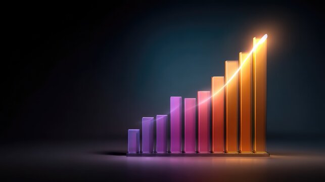 Abstract representation of an ascending graph showing growth and progress with vibrant colors and soft lighting effects against a dark background