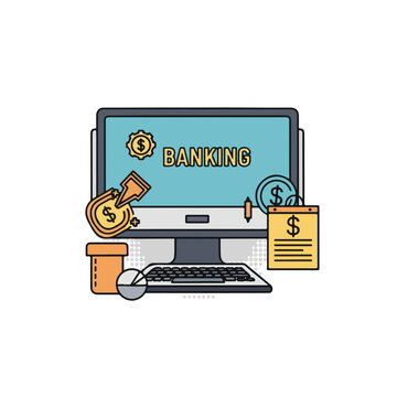 コンピュータの画面に「BANKING」と表示されている。オンラインバンキングのコンセプトで、金融や投資に関連するテーマを示している。現代のビジネス環境に役立つ内容