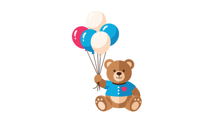 Obraz premium A charming brown teddy bear wearing a blue shirt with a pink heart holds a vibrant cluster of colorful balloons against a pristine white background.