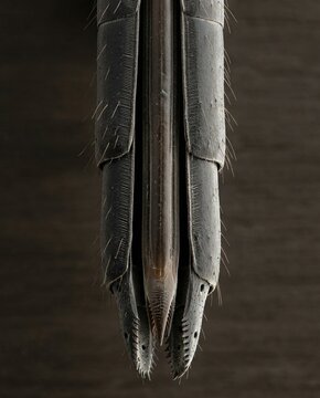 Microscopic detail of the serrated drilling tip on a parasitic wasp
