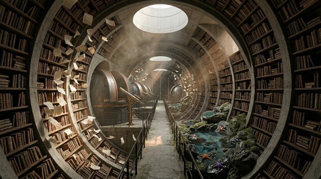 Surreal underground library creating a circular tunnel. Combining knowledge with observation through telescopes and books dynamically floating along the curved bookshelves. Illuminated by skylights