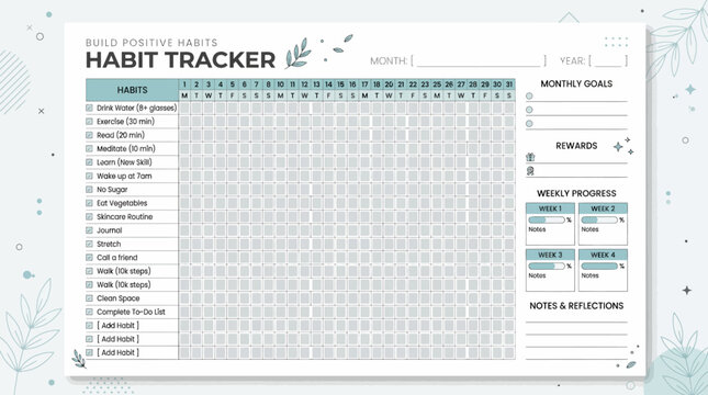 Habit Tracker Planner Sheet Design.