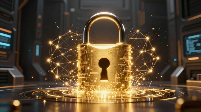 Digital lock with glowing connections in a futuristic technology workspace design