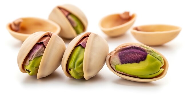 Close up of delicious roasted pistachio nuts isolated on white background