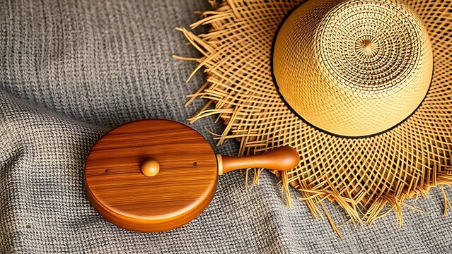 A single berimbau instrument next to an inverted straw hat, a simple and cultural still life.