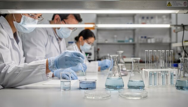 Laboratory scientists wearing gloves and masks measure wetting properties of surfactant solutions under chemical fume hood ventilation for safety and accuracy.