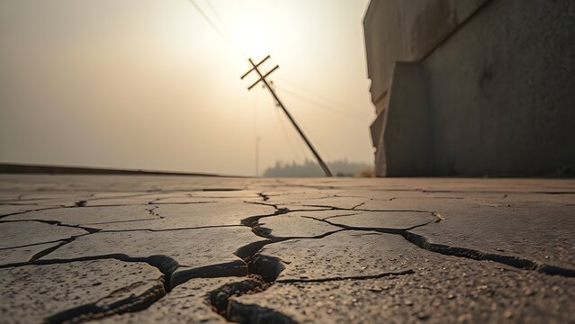 Cracked concrete pavement and tilted utility pole after earthquake in morning fog.