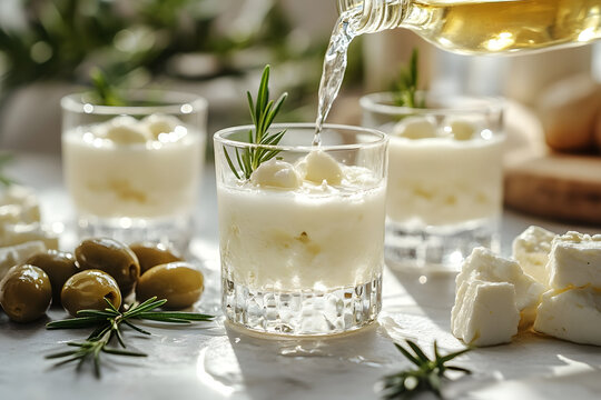 Lebanese Arak A traditional Arak drink in a small glass turning cloudy white as water is poured in the louche effect white background