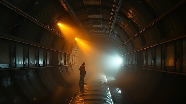 Interior of a submerged caisson with workers in safety gear.