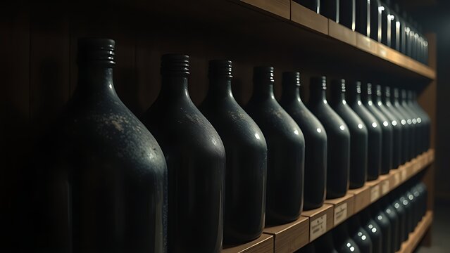 Several dark glass containers arranged on wooden shelves in a dimly lit cellar.