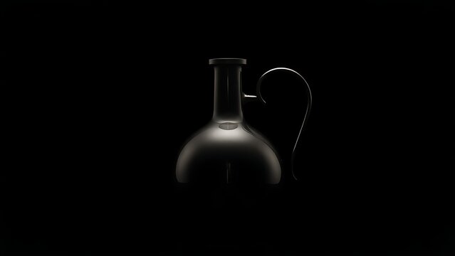 Metal flagon against dark background, rim light highlighting its curved handle and body.