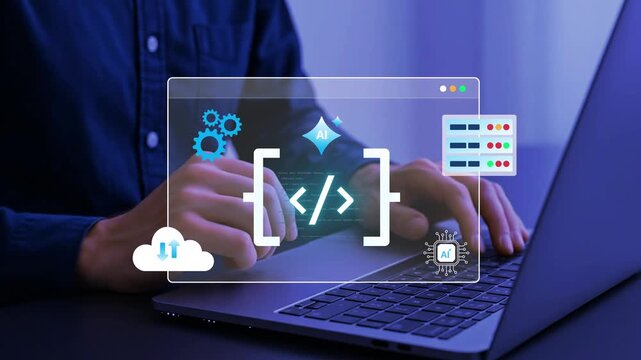Low Code No Code Development and AI Automation with professional presenting virtual coding ai automation, cloud computing, and software integration for efficient application development