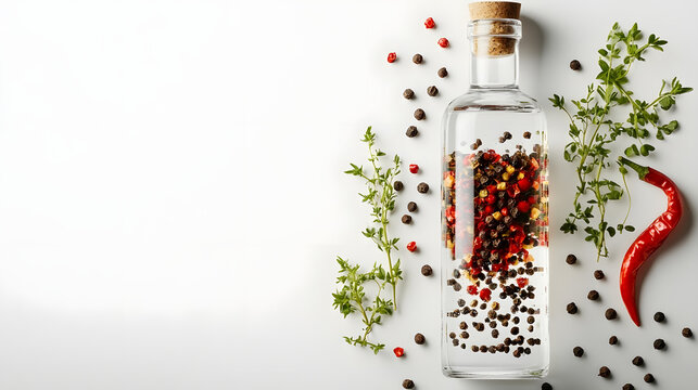 Pepper Infused Gin A clear gin bottle with whole peppercorns and chilies steeping inside white background