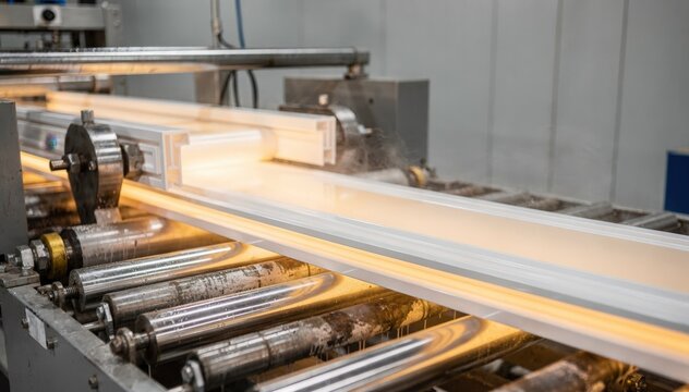 Medium shot of a continuous plastic extrusion line producing durable window frames showcasing the steady flow of molten material being shaped and cooled on the conveyor belt.