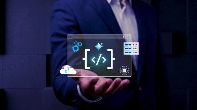 Low Code No Code Development and AI Automation with professional presenting virtual coding ai automation, cloud computing, and software integration for efficient application development