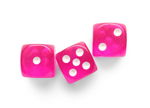 Pink game dices on white background