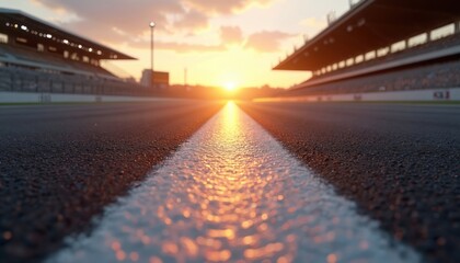 Fototapeta premium Race track asphalt texture at sunrise with white line. Stadium grandstands in background. Golden sun illuminates empty road. Motorsport competition concept.