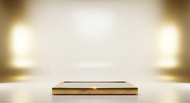 Elegant, minimalistic golden podium with dramatic spotlight illumination, evoking a sense of luxury, achievement, and prestigious award presentation.