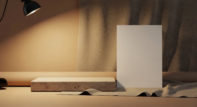 Minimalist studio scene with a concrete pedestal and blank canvas under a spotlight, emphasizing texture and light for product display.