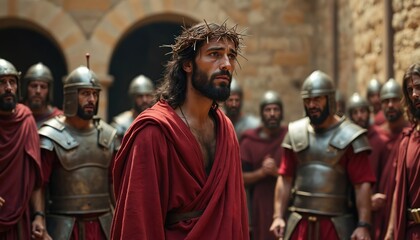 Obraz premium Jesus Christ in crown of thorns faces Roman soldiers. He wears red robe, soldiers wear armor. Scene shows trial and suffering in ancient Jerusalem. Faith and sacrifice theme.