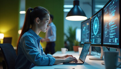Woman types on laptop in modern office with multiple computer screens showing complex data and code. IT pro works on project with artificial intelligence systems and neural networks.