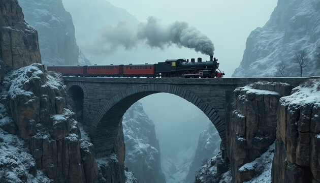 Vintage steam engine train crosses stone bridge over snowy canyon. Locomotive travels through misty mountains. Dramatic winter landscape with dramatic atmospheric mood and old railway.