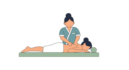 Fototapeta premium A skilled female therapist wearing a professional teal uniform provides a deep tissue massage to a client resting on a comfortable green padded table.