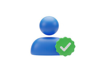 Fototapeta premium A three dimensional blue user icon featuring a green badge with a white checkmark symbol overlay isolated on transparent background